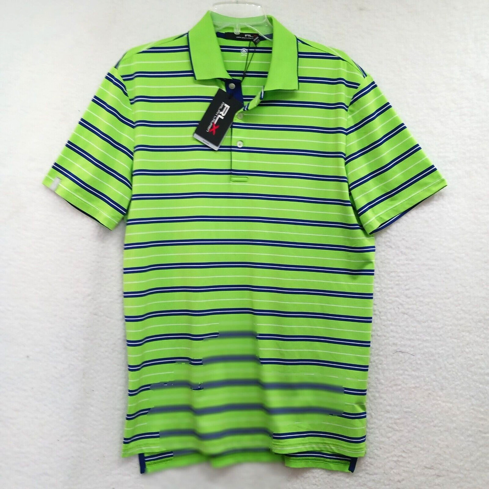 RLX‎ Ralph Lauren Mens Medium Green Blue Performance Stripe Stretch Golf Polo